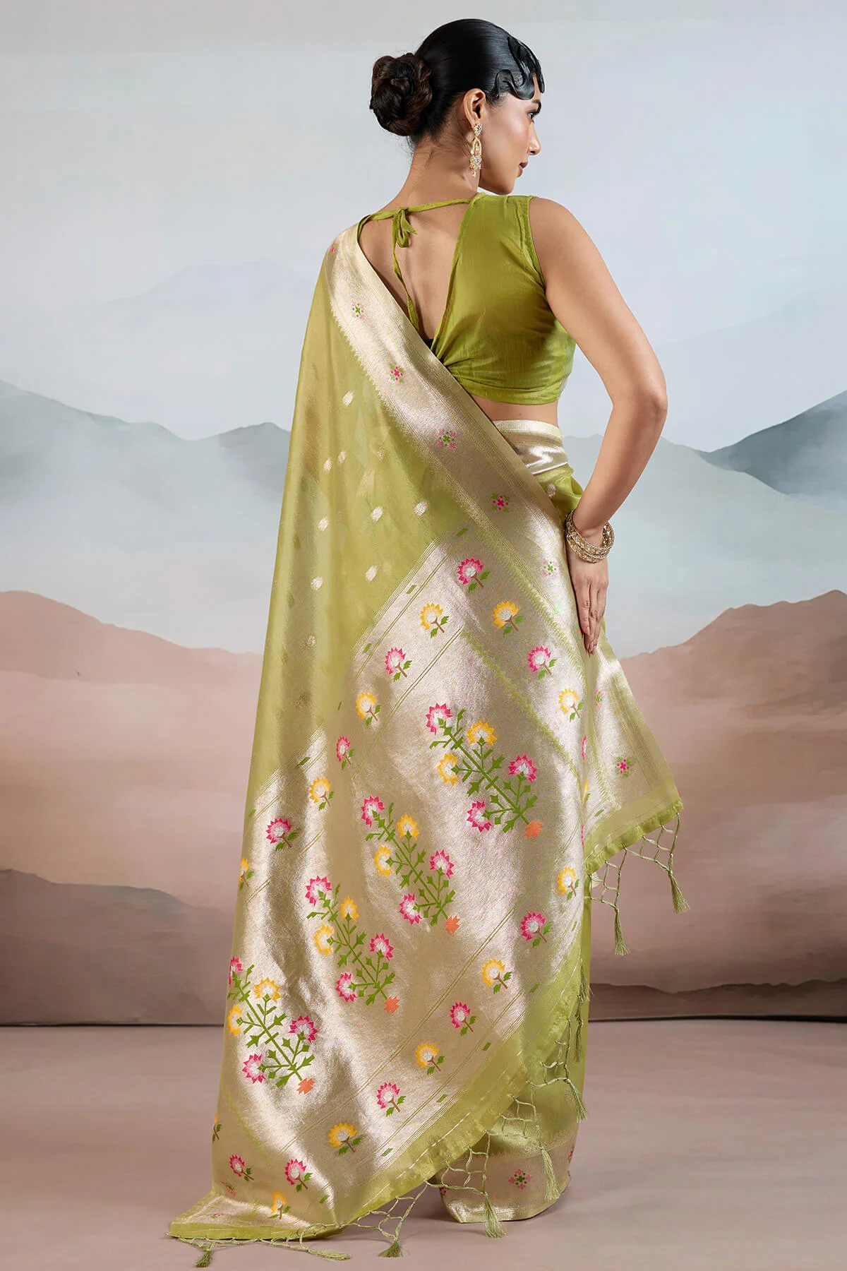 Fairytale Green Paithani Pure Tissue Silk Saree With Blissful Blouse Piece - Image 6