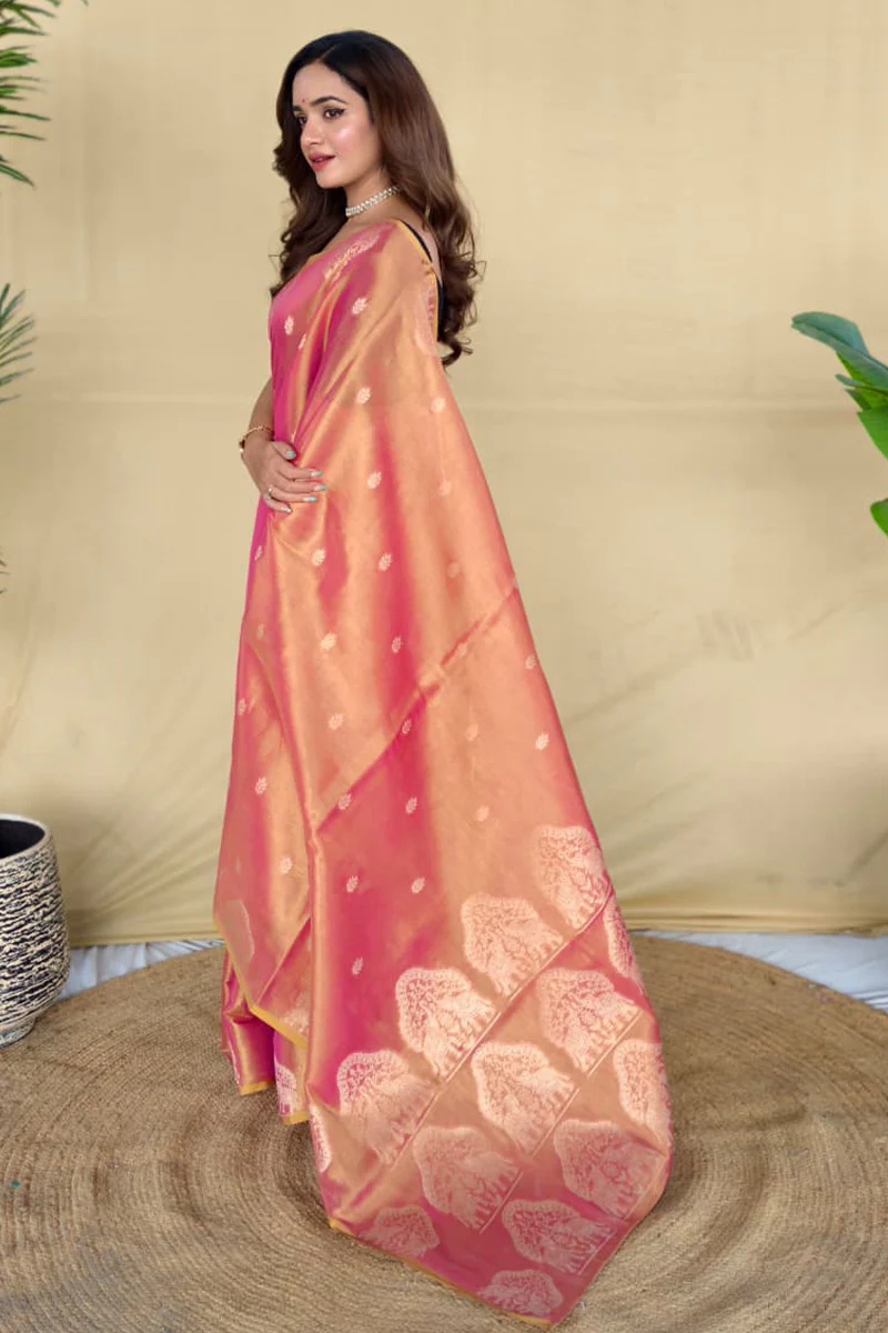 Fairytale Pink Banarasi Tissue Silk Saree With Adorable Blouse Piece - Image 3