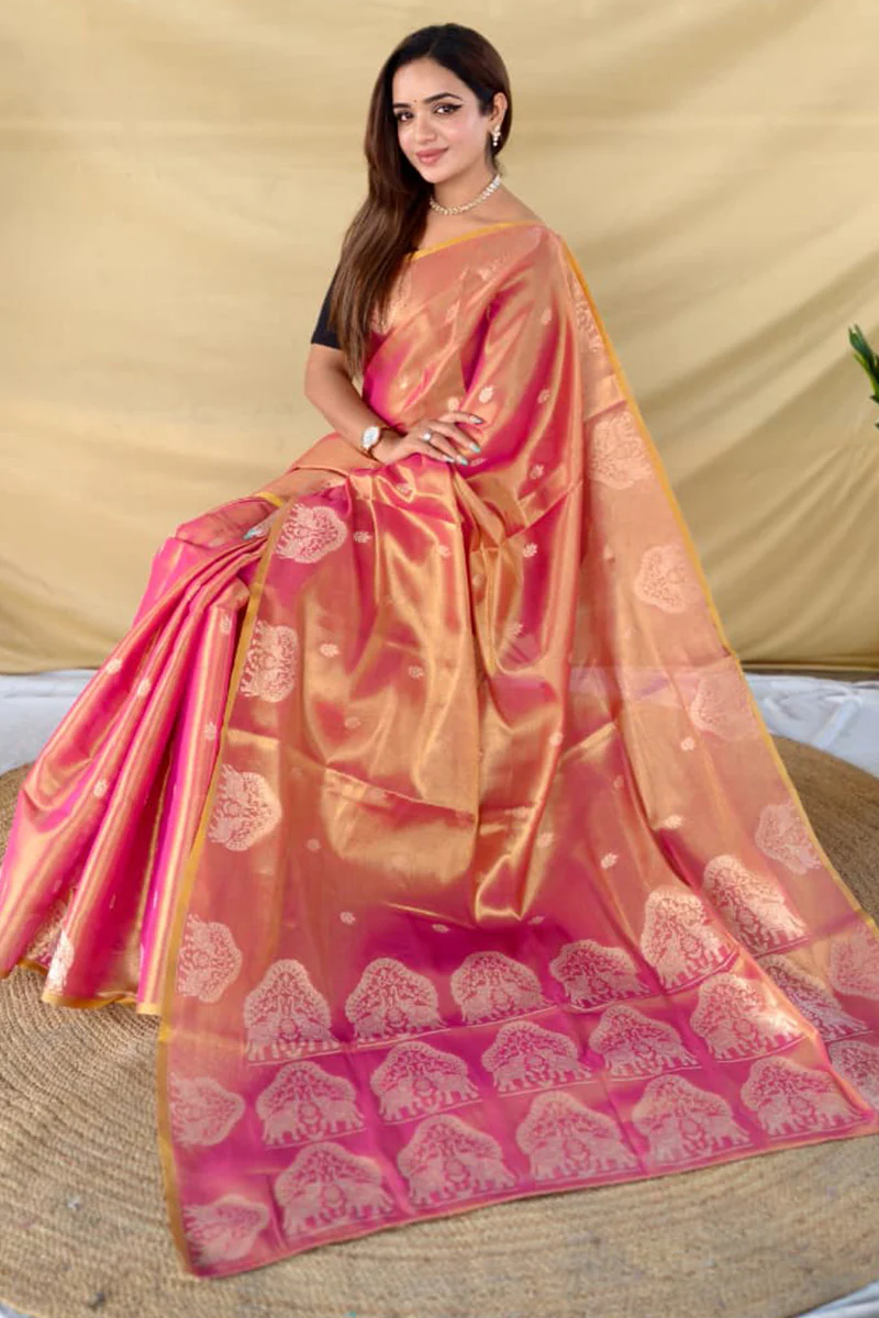 Fairytale Pink Banarasi Tissue Silk Saree With Adorable Blouse Piece - Image 4