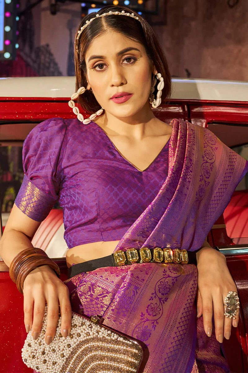 Fairytale Purple Kanjivaram Silk Saree With Assemblage Blouse Piece - Image 3