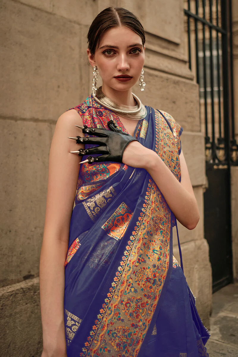 Fairytale Royal Blue Pashmina saree With Charismatic Blouse Piece - Image 2