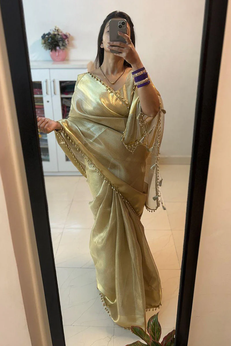 Fancifull Golden Soft Tissue Silk Saree With Demesne Blouse Piece - Image 6