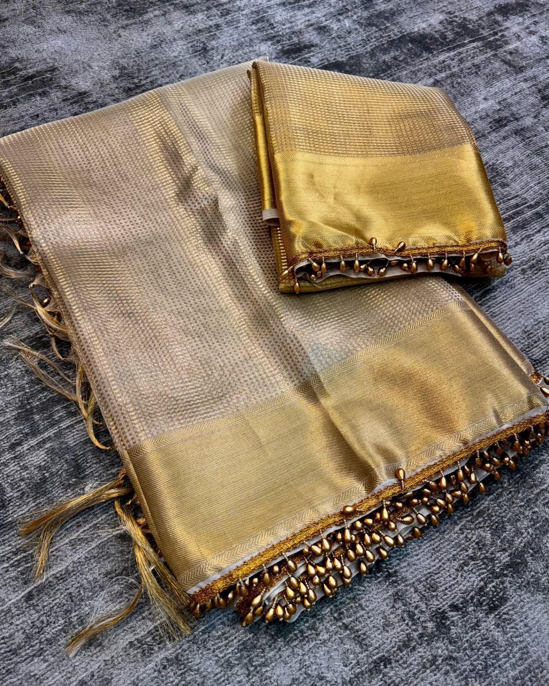 Fancifull Golden Soft Tissue Silk Saree With Demesne Blouse Piece - Image 7