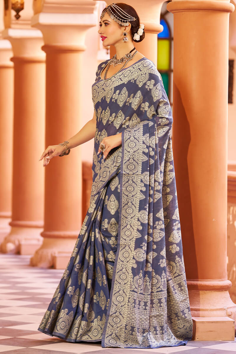 Fancifull Navy Blue Lucknowi work Silk Saree With Demanding Blouse Piece - Image 3