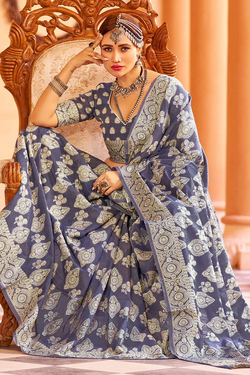 Fancifull Navy Blue Lucknowi work Silk Saree With Demanding Blouse Piece - Image 4