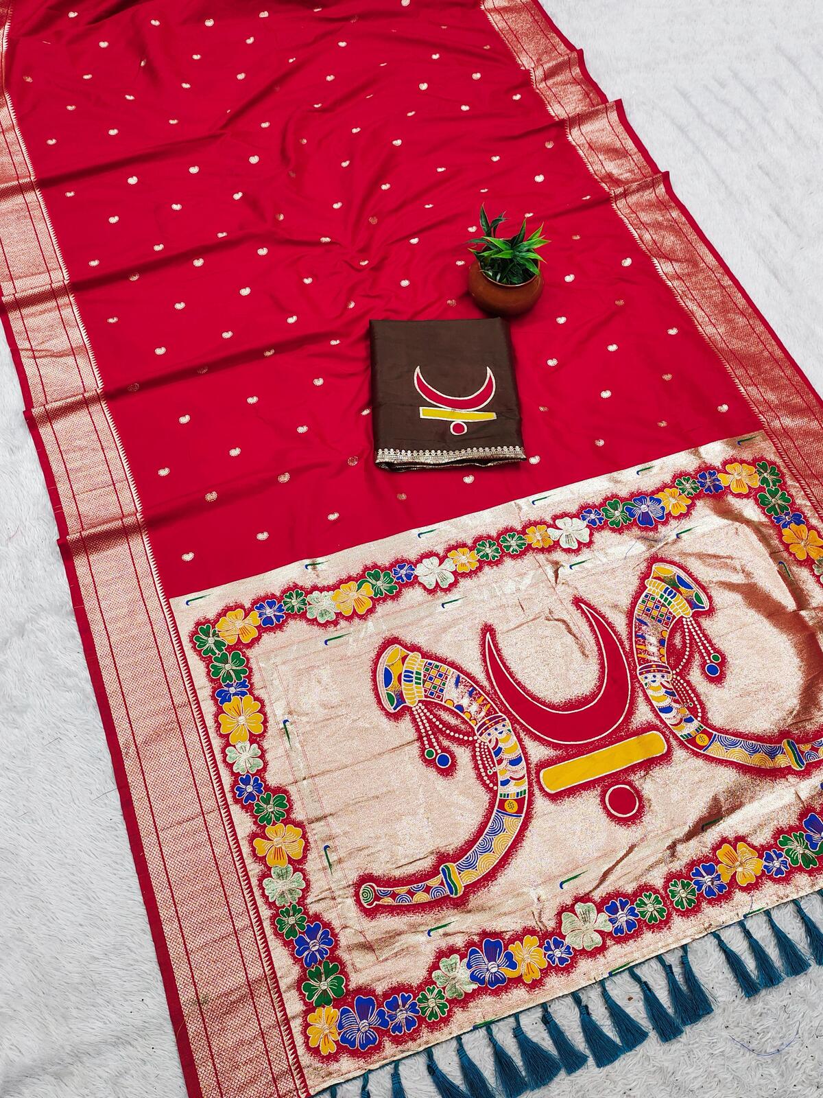 Fancifull Red Paithani Silk Saree With Marvellous Blouse Piece
