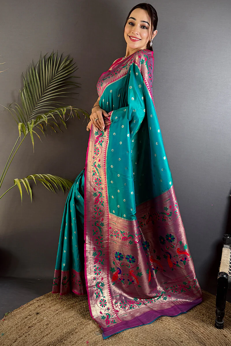Fantabulous Firozi Paithani Silk Saree With Artistic Blouse Piece - Image 3
