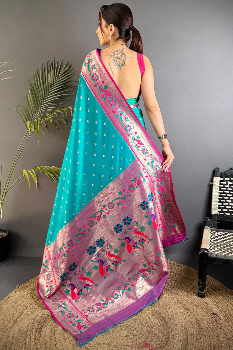 Fantabulous Firozi Paithani Silk Saree With Artistic Blouse Piece - Image 4