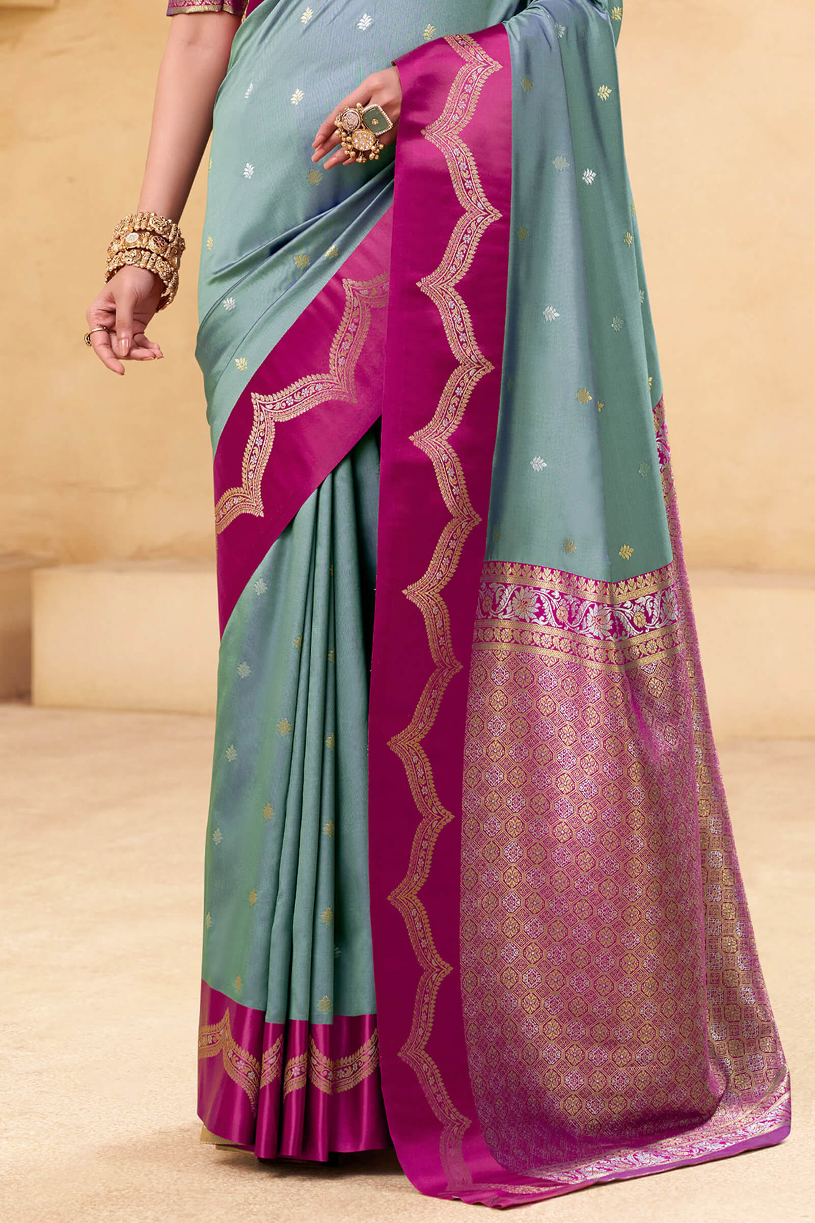 Fantabulous Grey Banarasi Satin Silk Saree With Imaginative Blouse - Image 3
