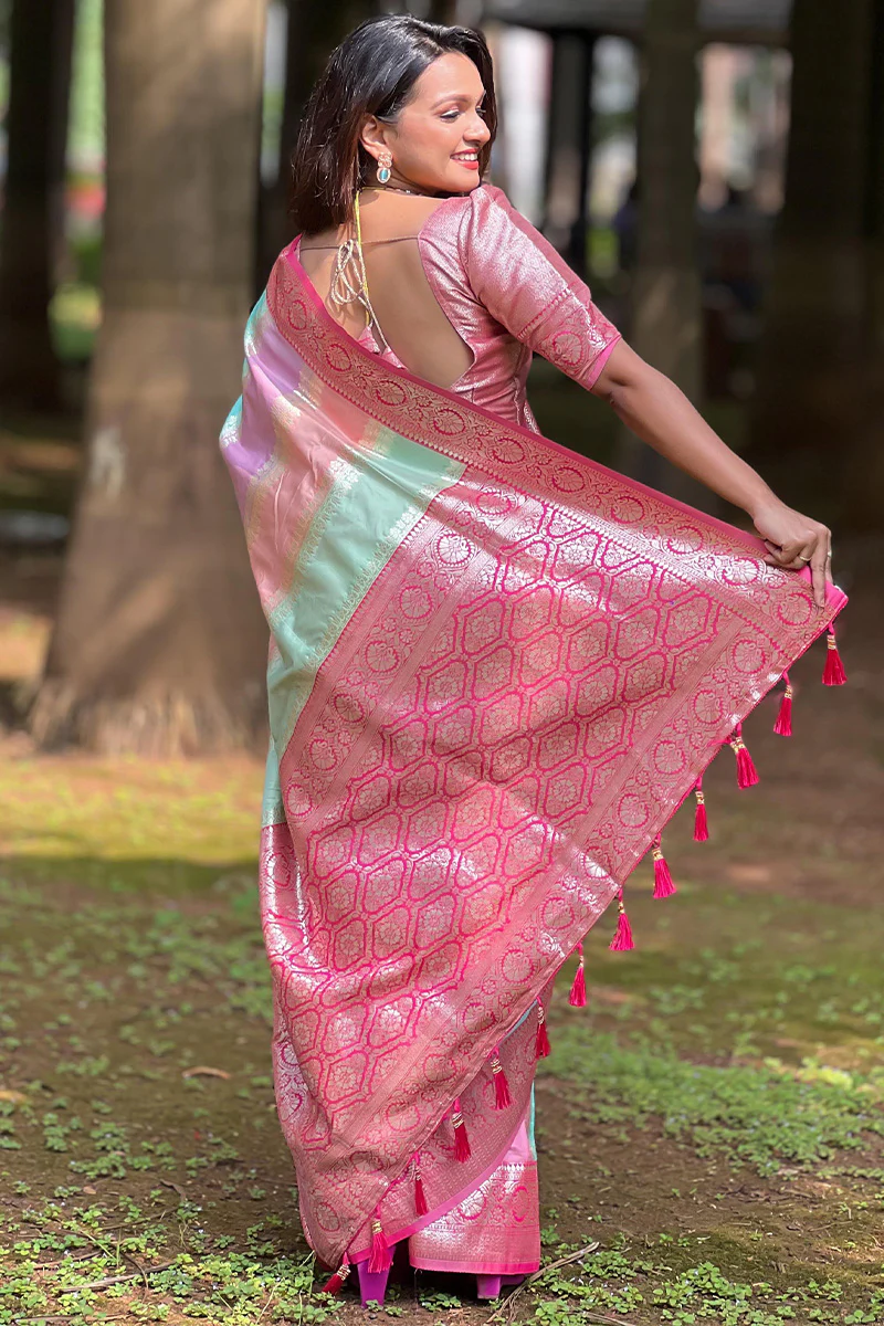 Fantabulous Multicolor Soft Banarasi Silk Saree With Sumptuous Blouse Piece - Image 4