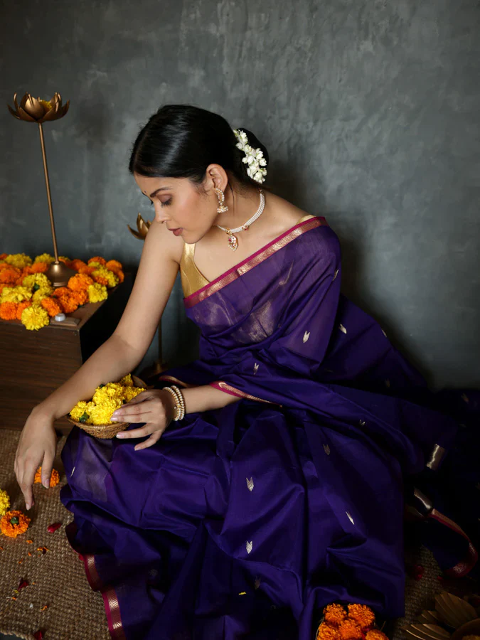 Fantabulous Navy Blue Cotton Silk Saree With Embellished Blouse Piece - Image 3