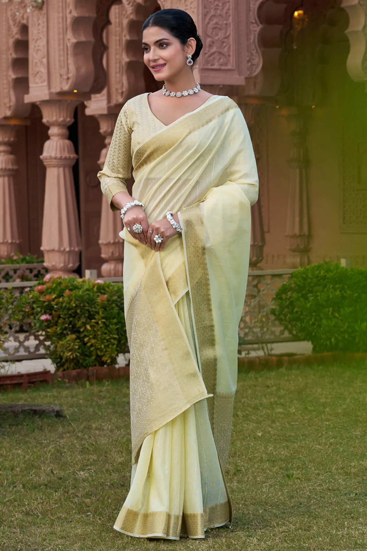Fantabulous Pista Cotton Silk Saree With Extraordinary Blouse Piece - Image 3
