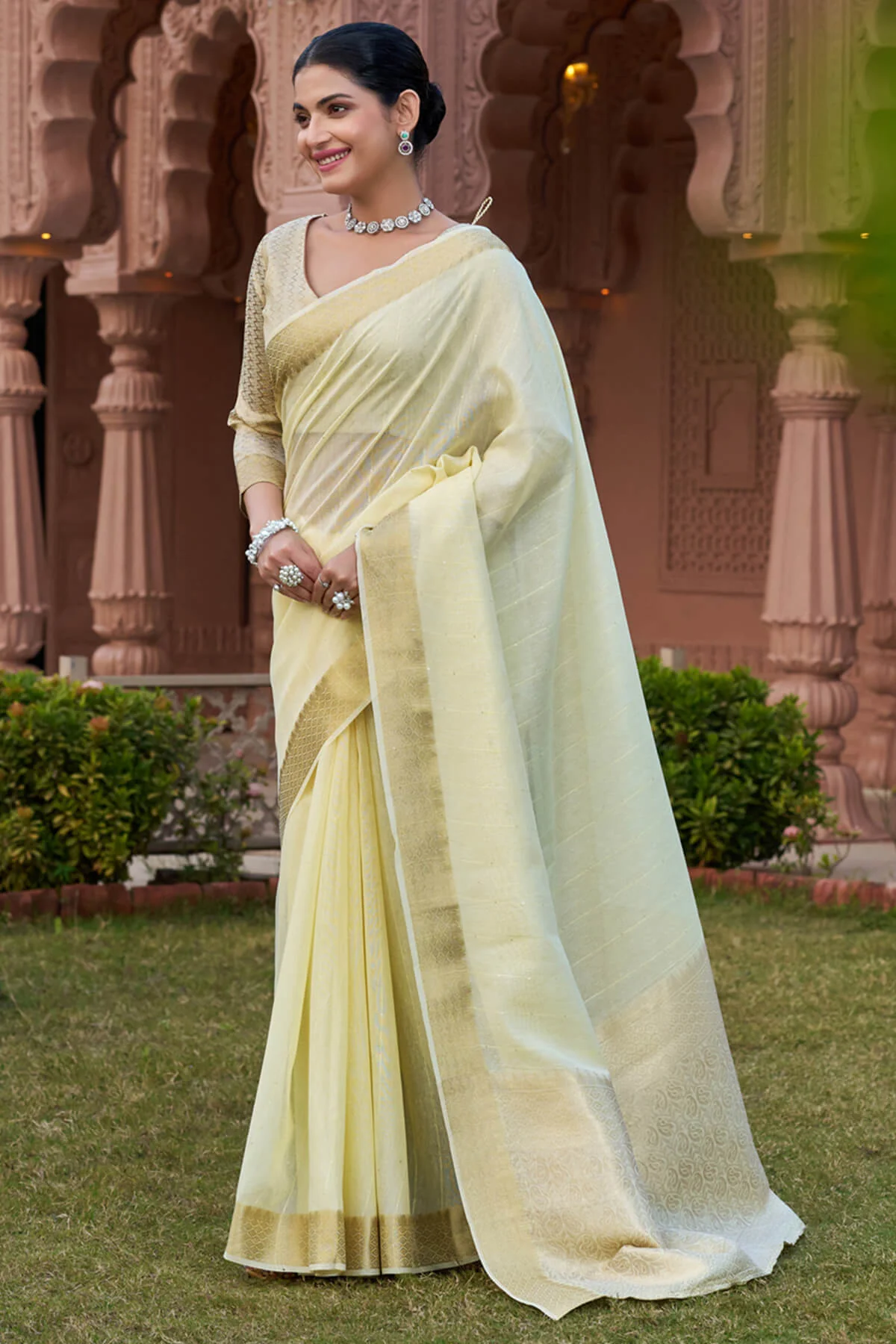 Fantabulous Pista Cotton Silk Saree With Extraordinary Blouse Piece - Image 5
