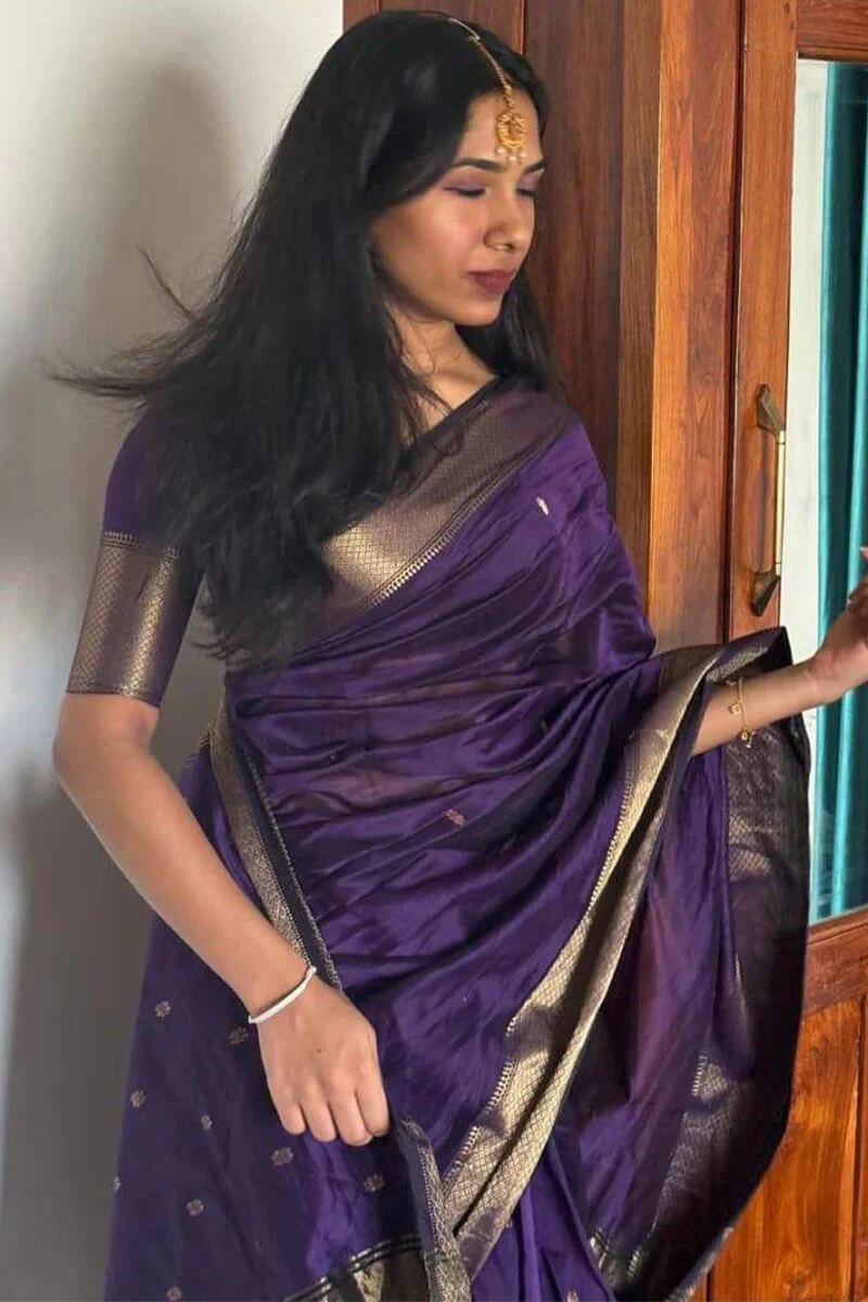 Fantabulous Purple Cotton Silk Saree With Pleasurable Blouse Piece - Image 6