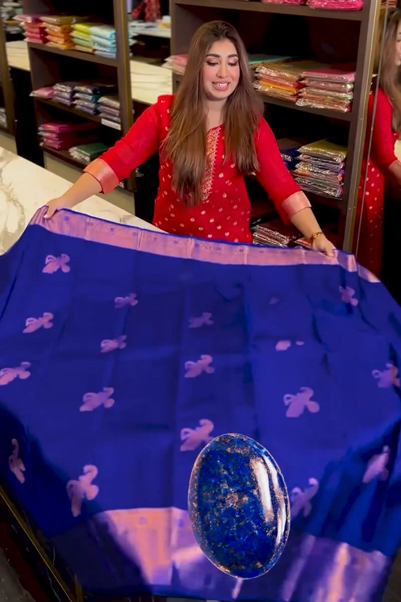 Fantabulous Royal Blue Soft Banarasi Silk Saree With Inimitable Blouse Piece - Image 4