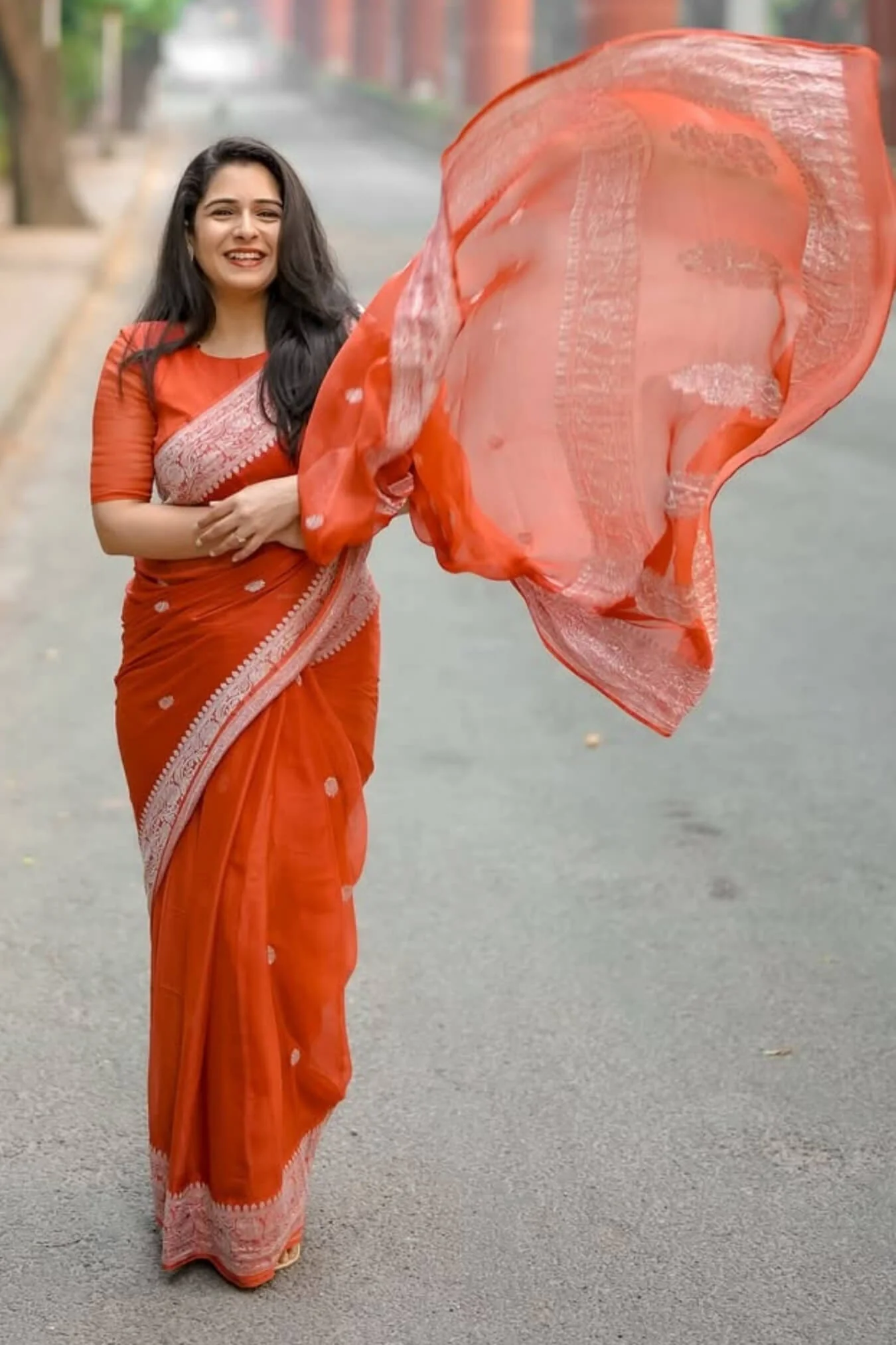Felicitous Orange Cotton Silk Saree With Proficient Blouse Piece - Image 3