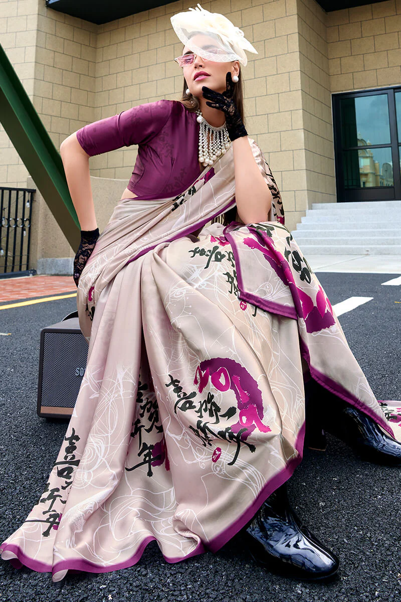 Flamboyant Beige Digital Printed Satin Silk Saree With Inspiring Blouse Piece - Image 4