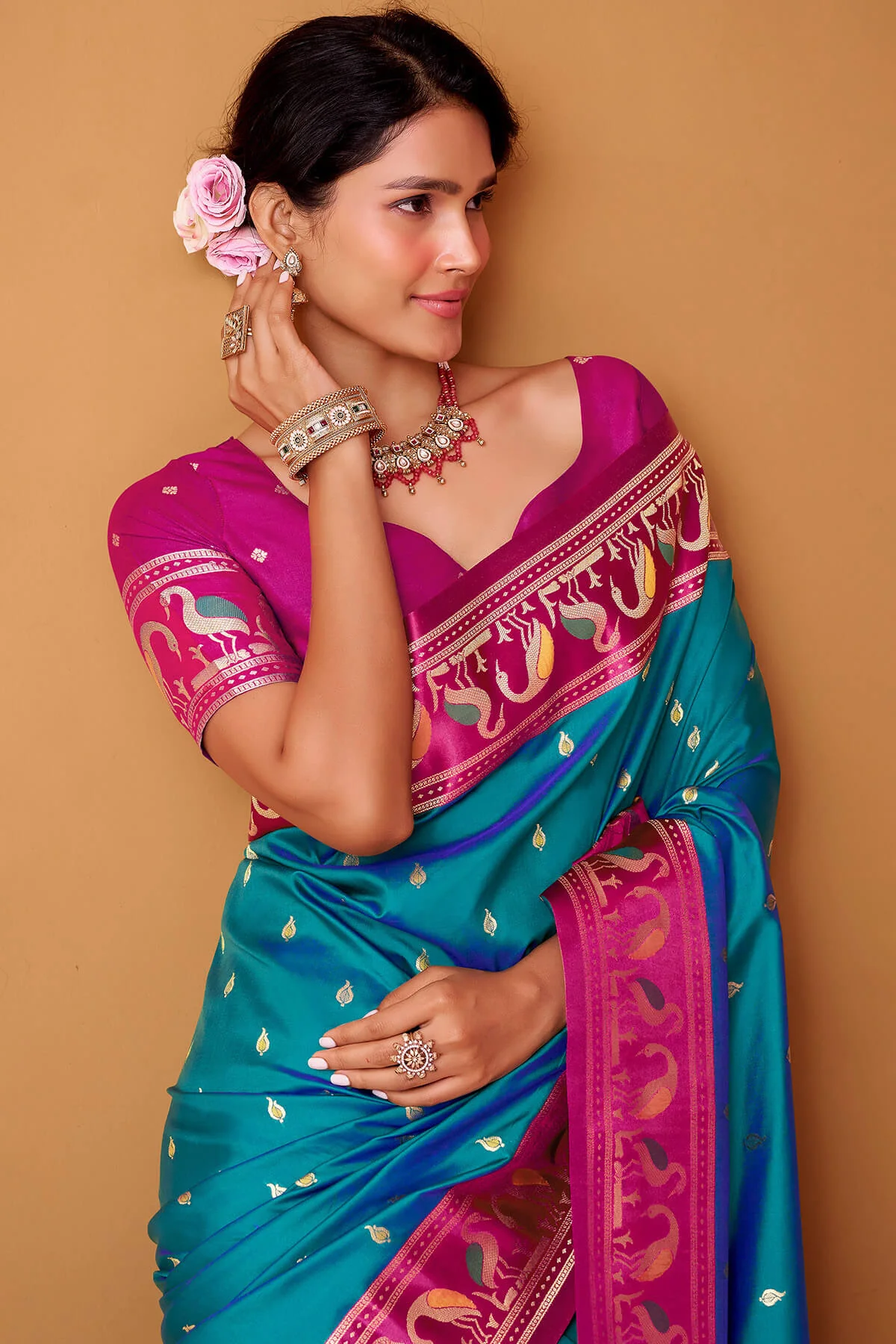 Flamboyant Blue Banarasi Satin Silk Saree With Verdant Blouse - Image 2