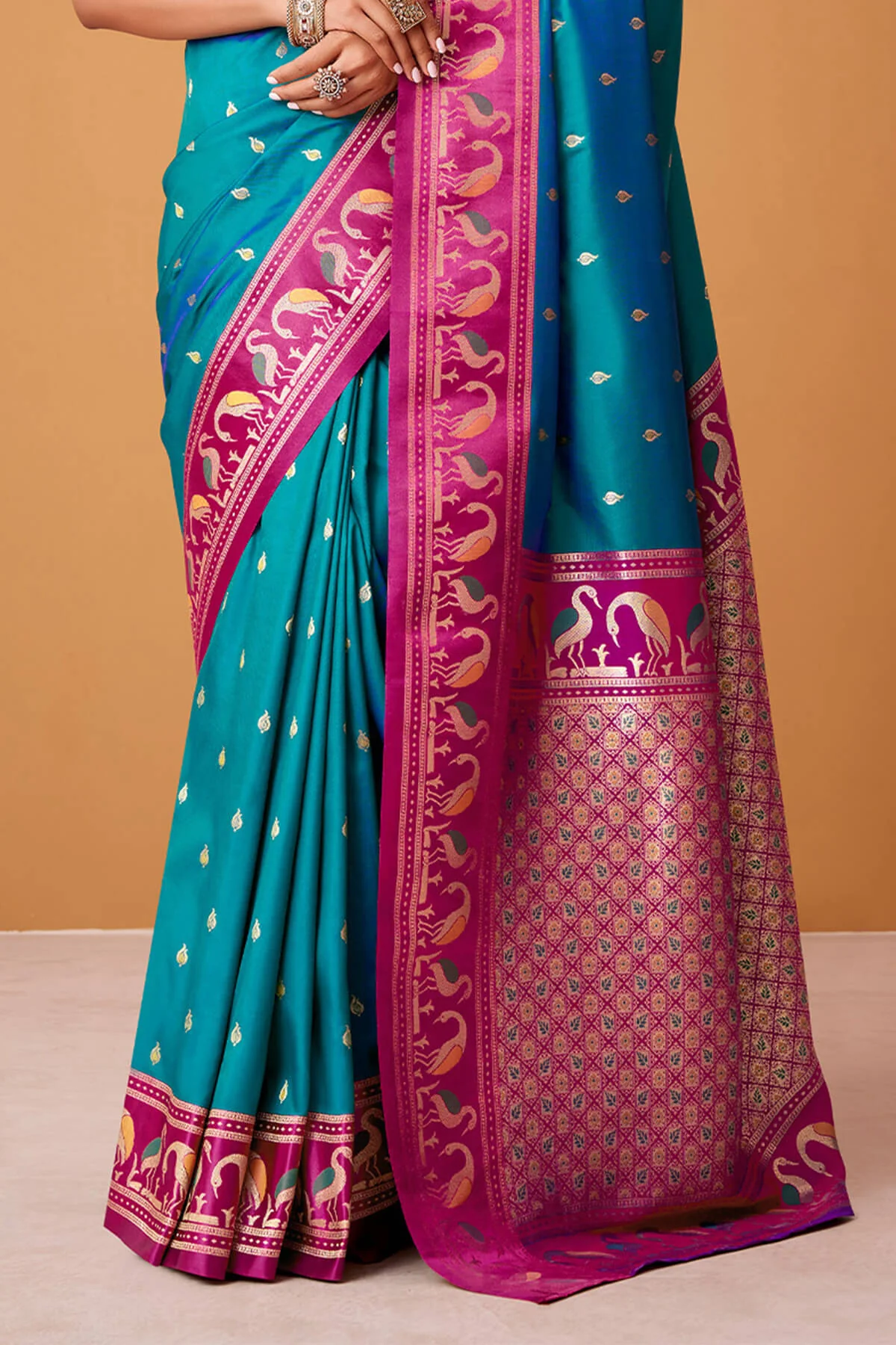 Flamboyant Blue Banarasi Satin Silk Saree With Verdant Blouse - Image 3