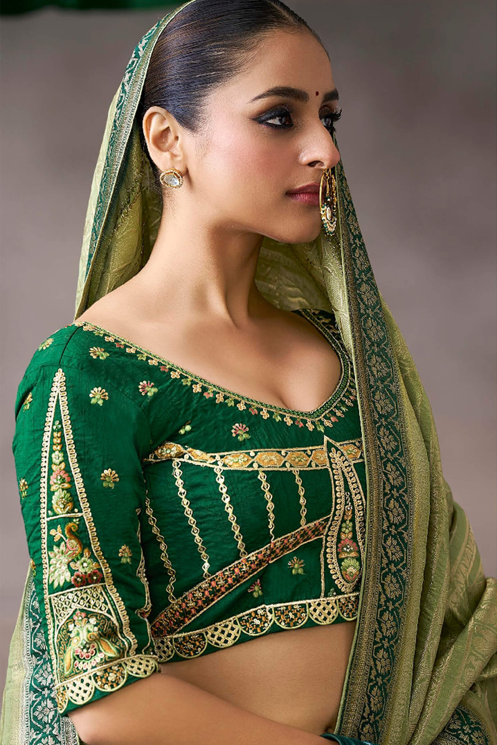 Flamboyant Green Banarasi Satin Silk Saree With Traditional Blouse - Image 2