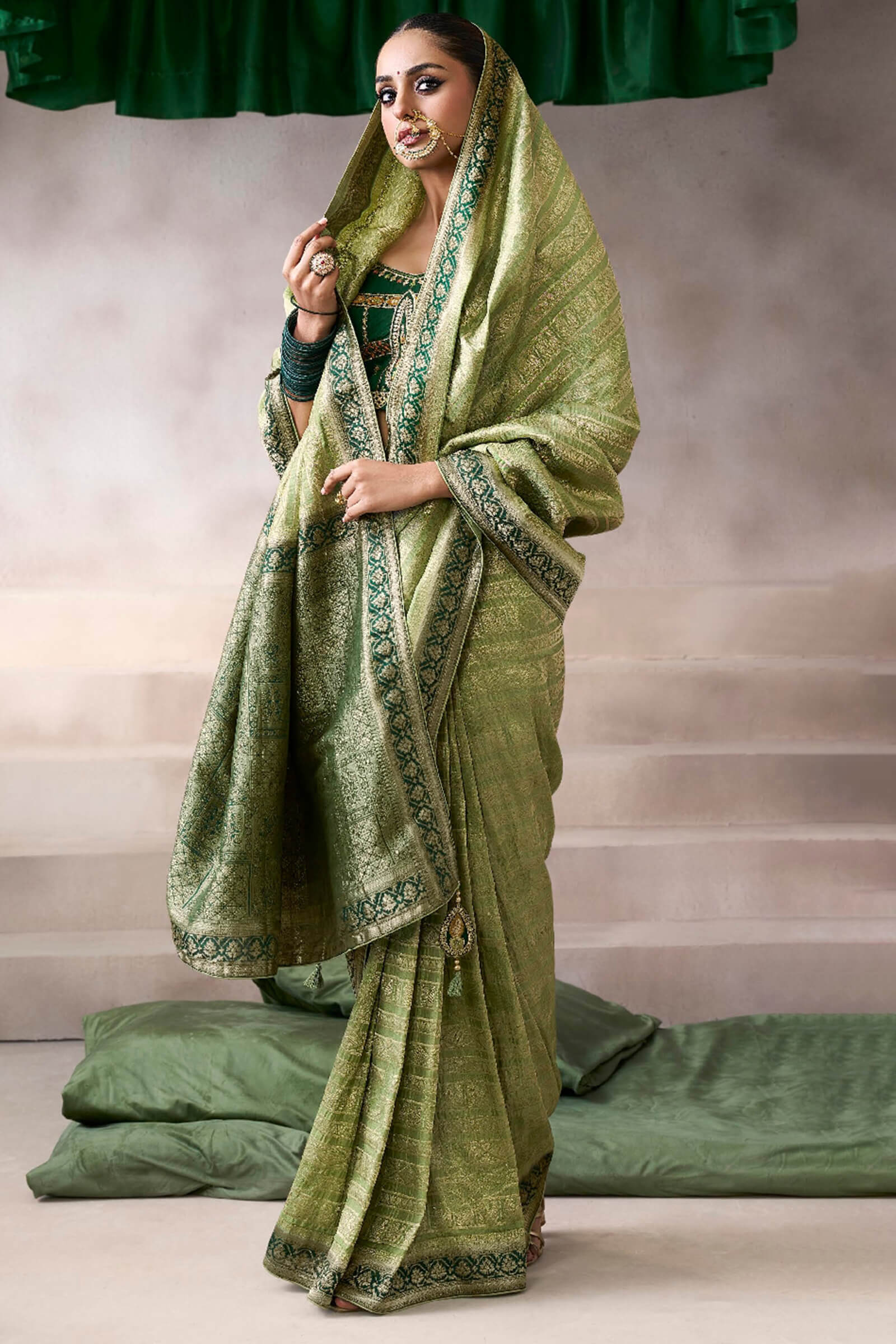 Flamboyant Green Banarasi Satin Silk Saree With Traditional Blouse - Image 3
