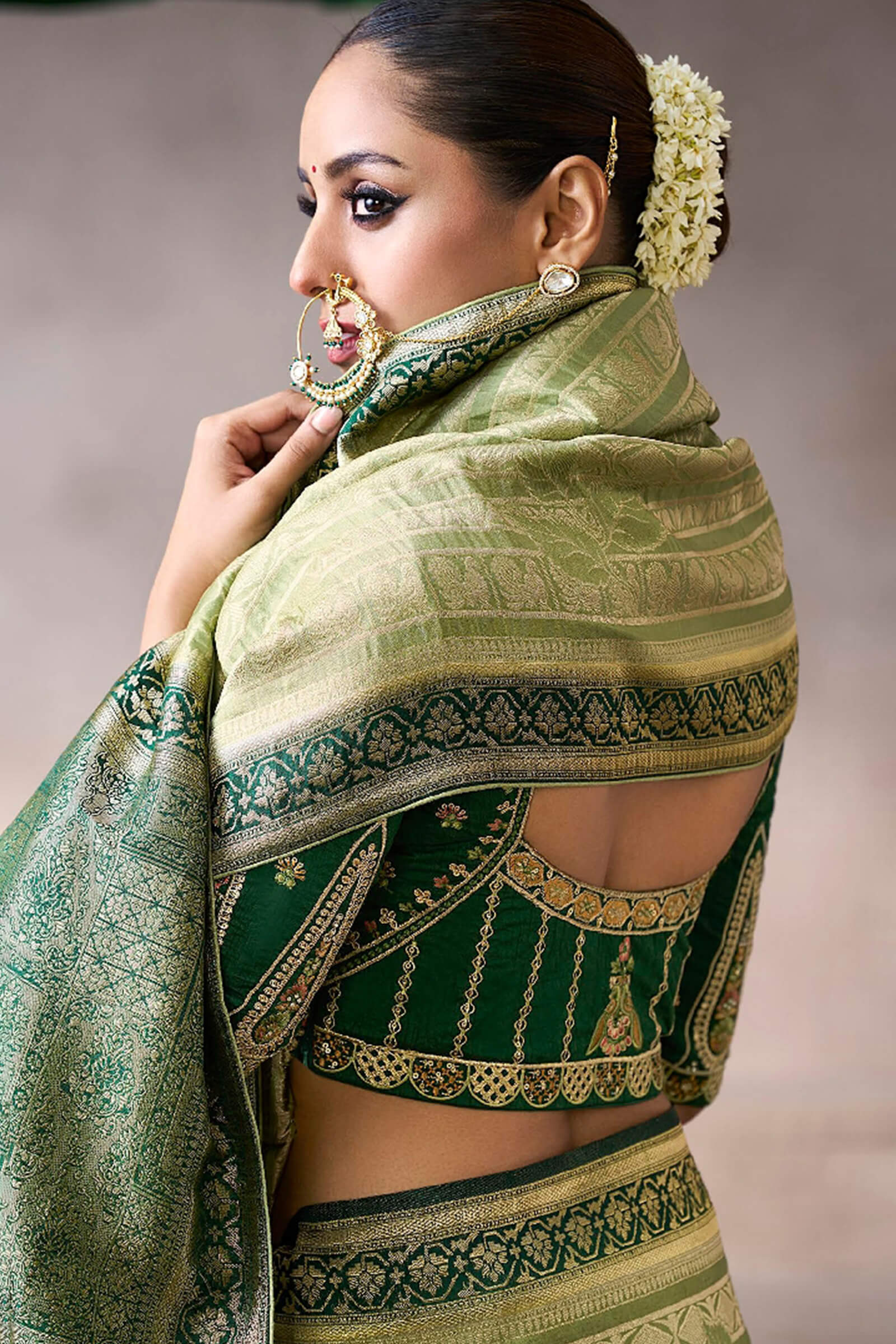 Flamboyant Green Banarasi Satin Silk Saree With Traditional Blouse - Image 4