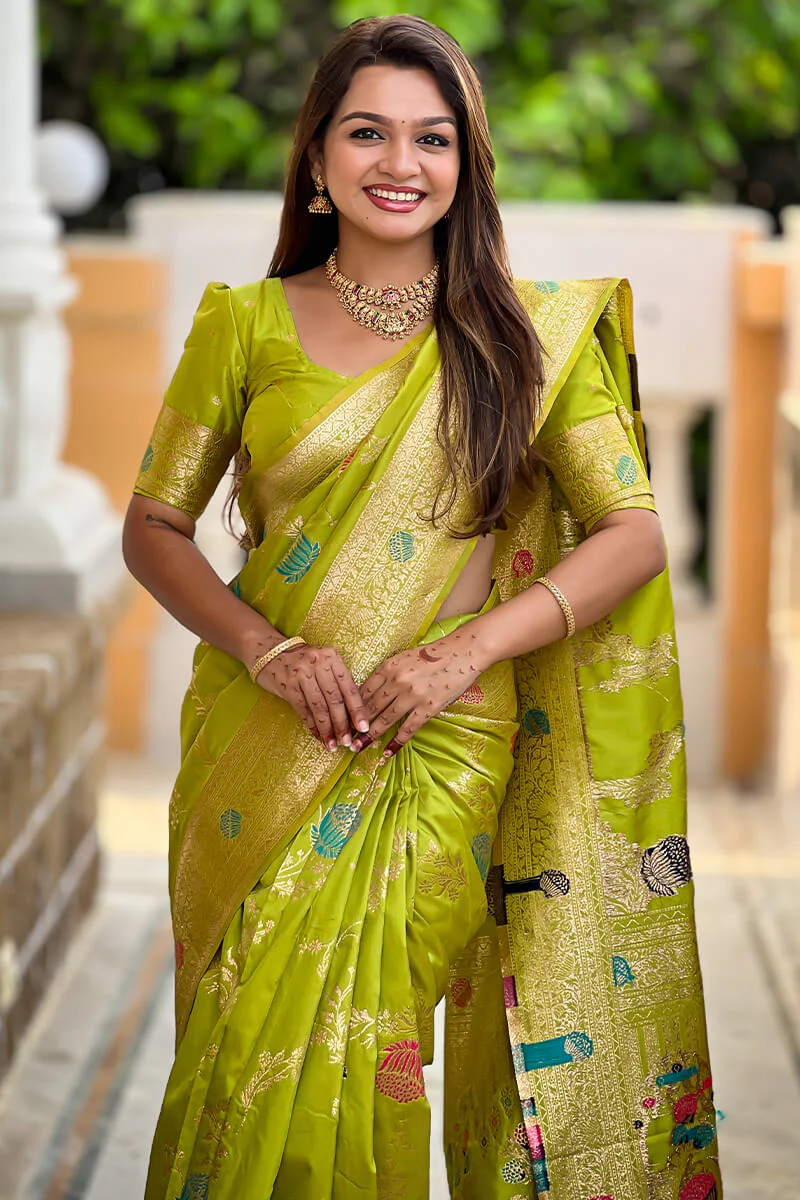 Flamboyant Parrot Soft Banarasi Silk Saree With Precious Blouse Piece - Image 5