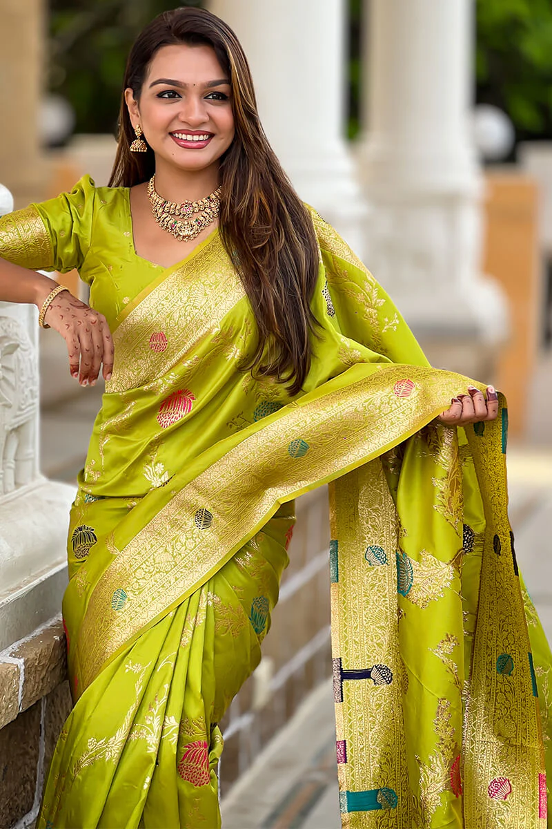 Flamboyant Parrot Soft Banarasi Silk Saree With Precious Blouse Piece - Image 6