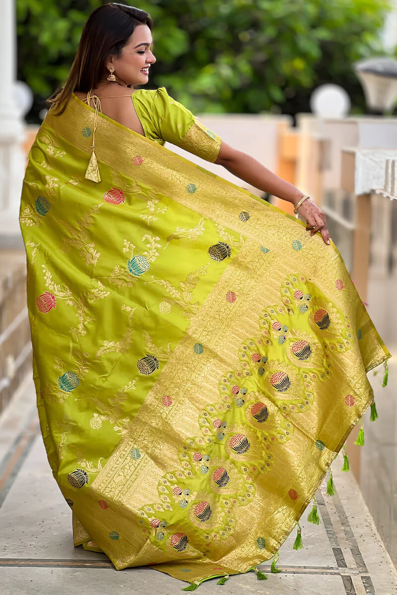 Flamboyant Parrot Soft Banarasi Silk Saree With Precious Blouse Piece - Image 7