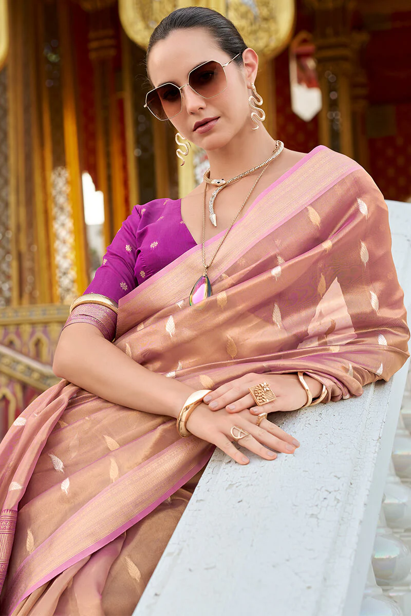 Flamboyant Peach Soft Banarasi Silk Saree With Dissemble Blouse Piece - Image 3