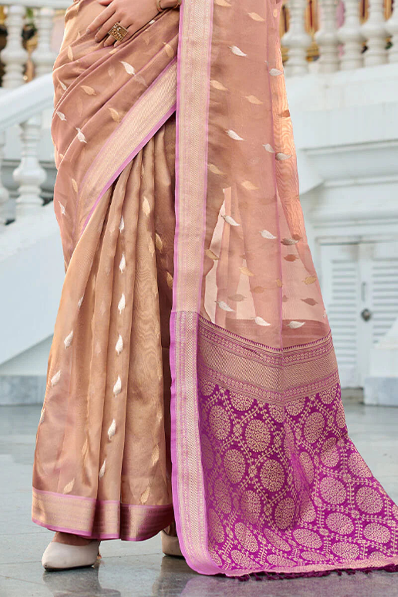 Flamboyant Peach Soft Banarasi Silk Saree With Dissemble Blouse Piece - Image 4
