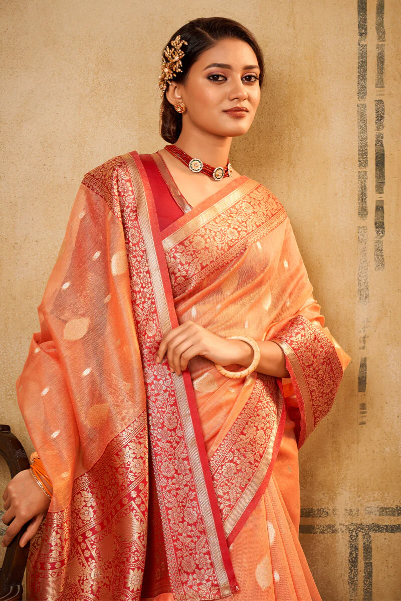 Flamboyant Peach Soft Banarasi Silk Saree With Exquisite Blouse Piece - Image 2