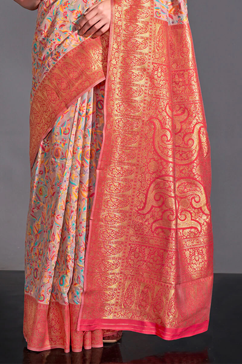Flamboyant Pink Pashmina saree With Assemblage Blouse Piece - Image 4