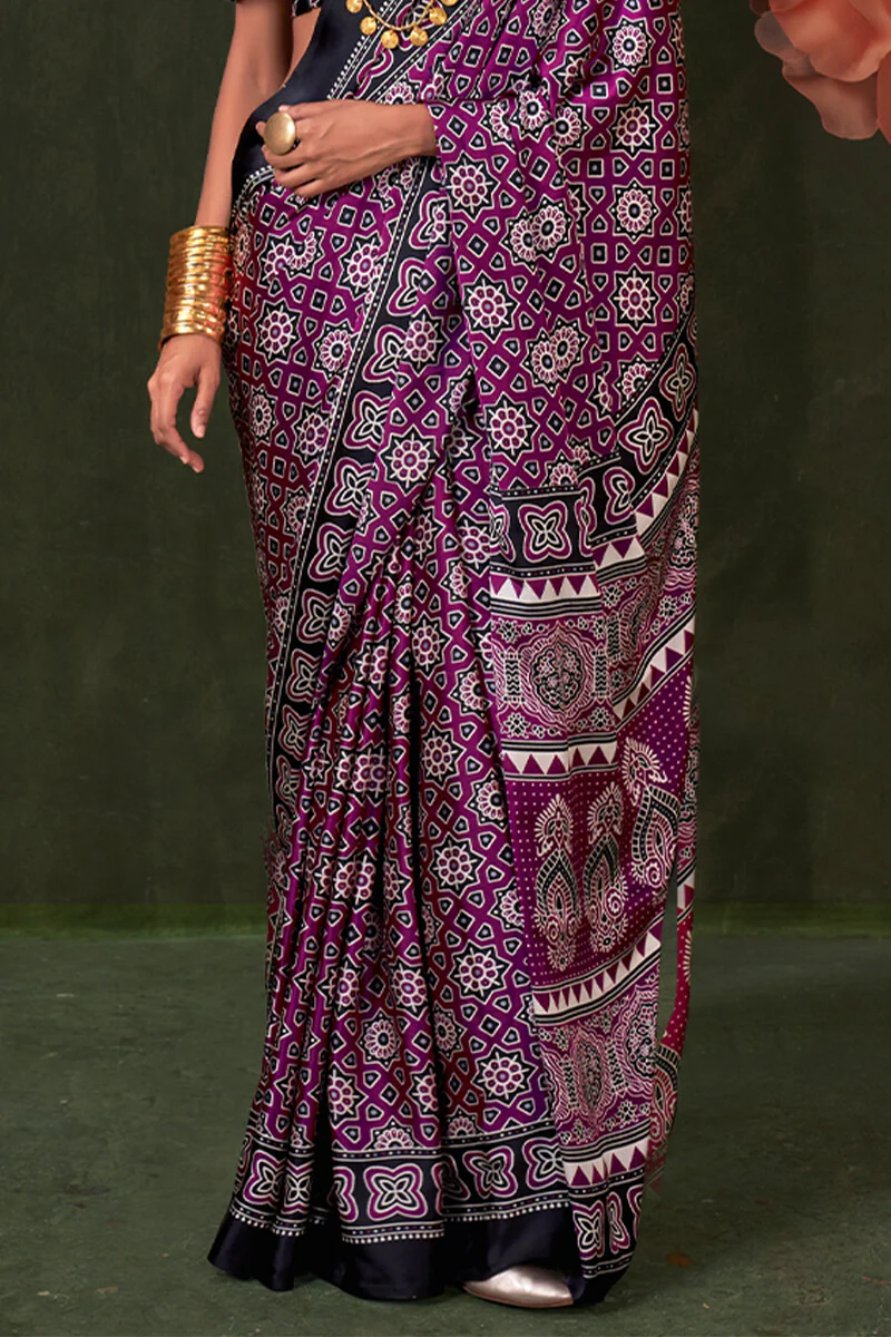 Flamboyant Purple Ajrakh Printed Satin Silk Saree With Sumptuous Blouse Piece - Image 3