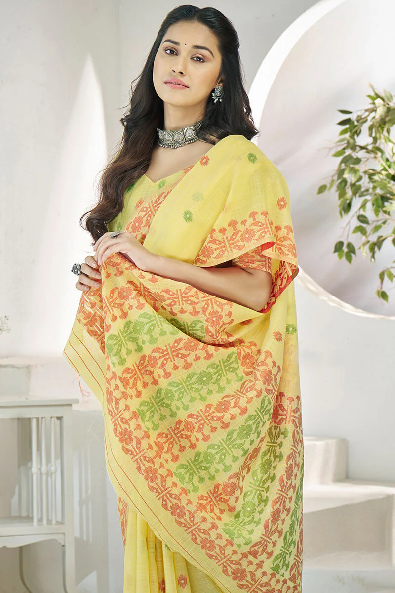 Flamboyant Yellow Cotton Silk Saree With Surpassing Blouse Piece - Image 2