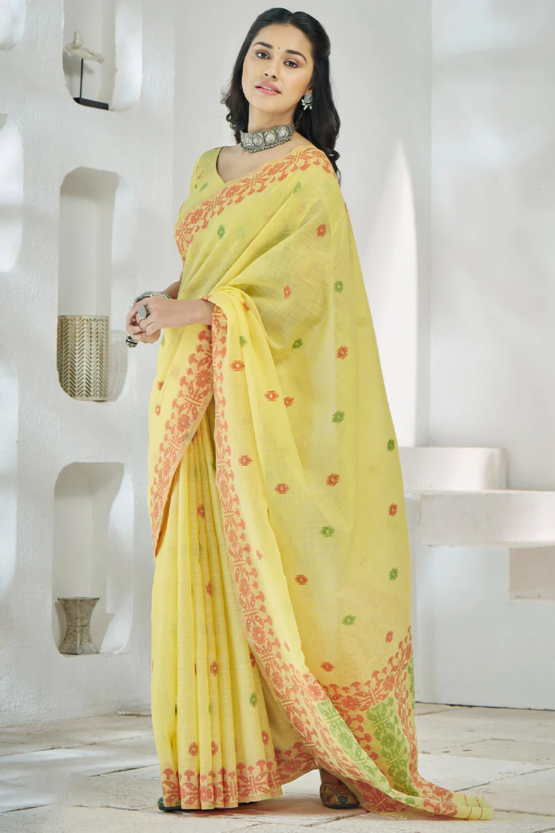 Flamboyant Yellow Cotton Silk Saree With Surpassing Blouse Piece - Image 3