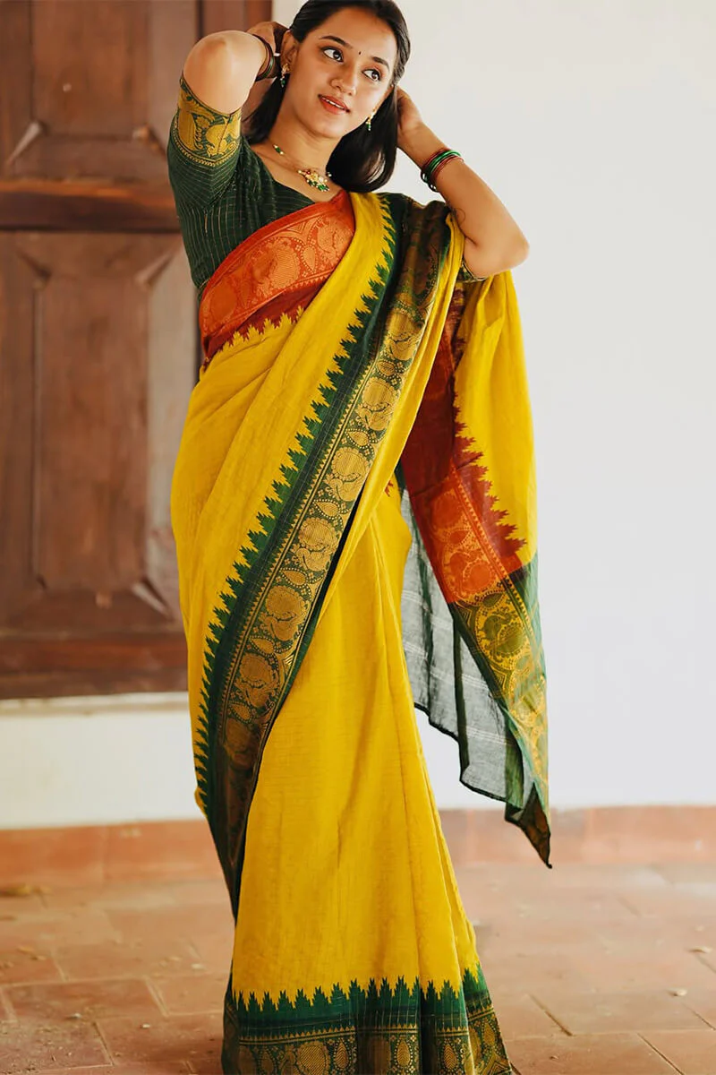Flamboyant Yellow Soft Silk Saree With Ailurophile Blouse Piece - Image 3