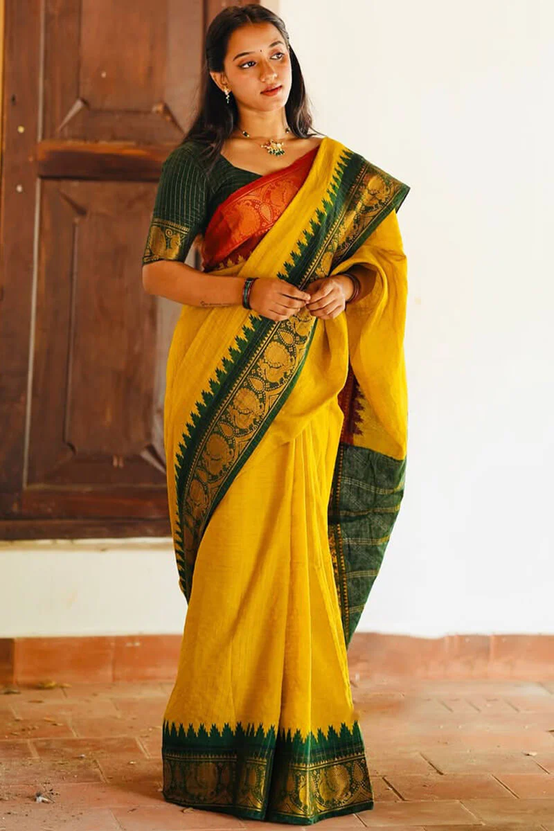 Flamboyant Yellow Soft Silk Saree With Ailurophile Blouse Piece - Image 5