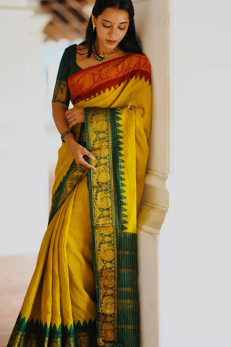 Flamboyant Yellow Soft Silk Saree With Ailurophile Blouse Piece - Image 6