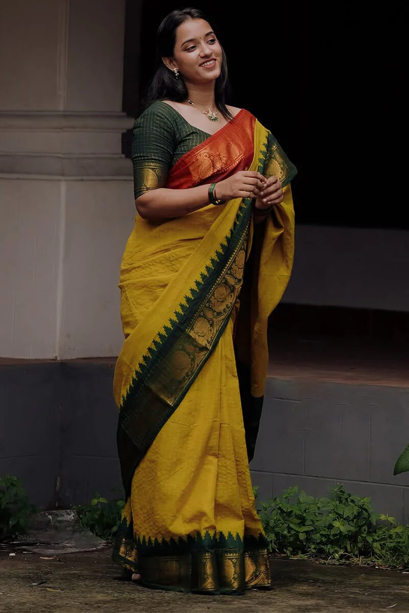 Flamboyant Yellow Soft Silk Saree With Ailurophile Blouse Piece - Image 7