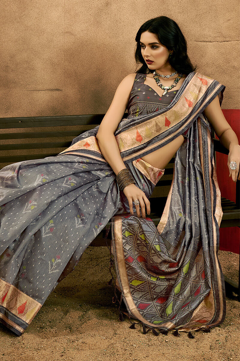 Flameboyant Grey Soft Banarasi Silk Saree With Diaphanous Blouse Piece - Image 2