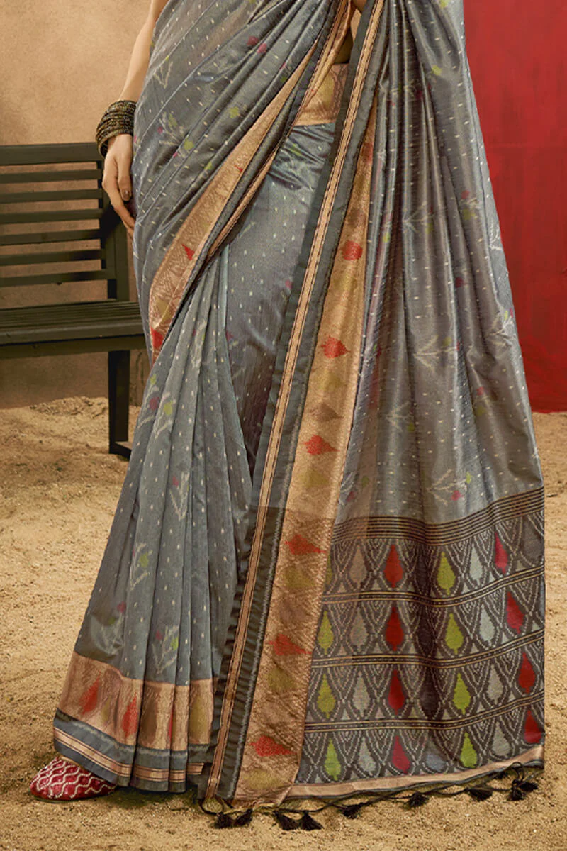 Flameboyant Grey Soft Banarasi Silk Saree With Diaphanous Blouse Piece - Image 3