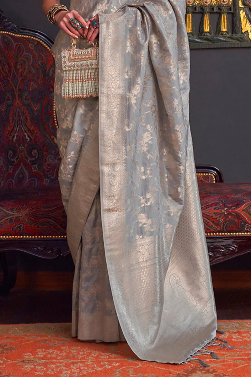 Flameboyant Grey Soft Banarasi Silk Saree With Exquisite Blouse Piece - Image 3