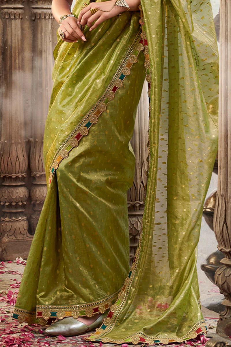 Flameboyant Mehndi Pure Tissue Banarasi Silk Saree With Majestic Blouse Piece - Image 5