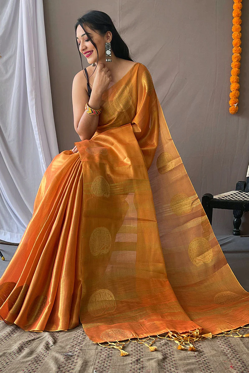 Flameboyant Orange Soft Banarasi Tissue Silk Saree With Flameboyant Blouse Piece - Image 3