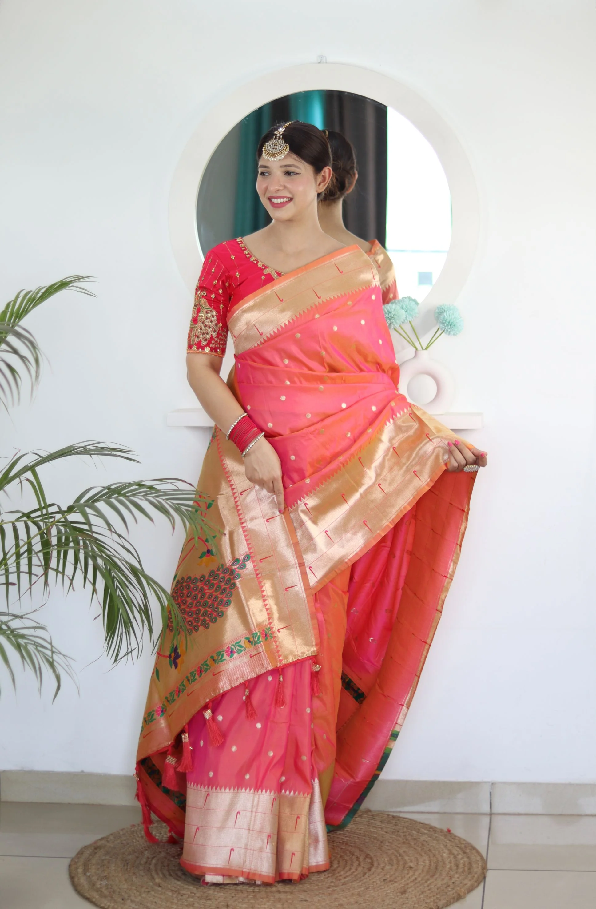Flameboyant Peach Paithani Silk Saree With Fairytale Blouse Piece - Image 5