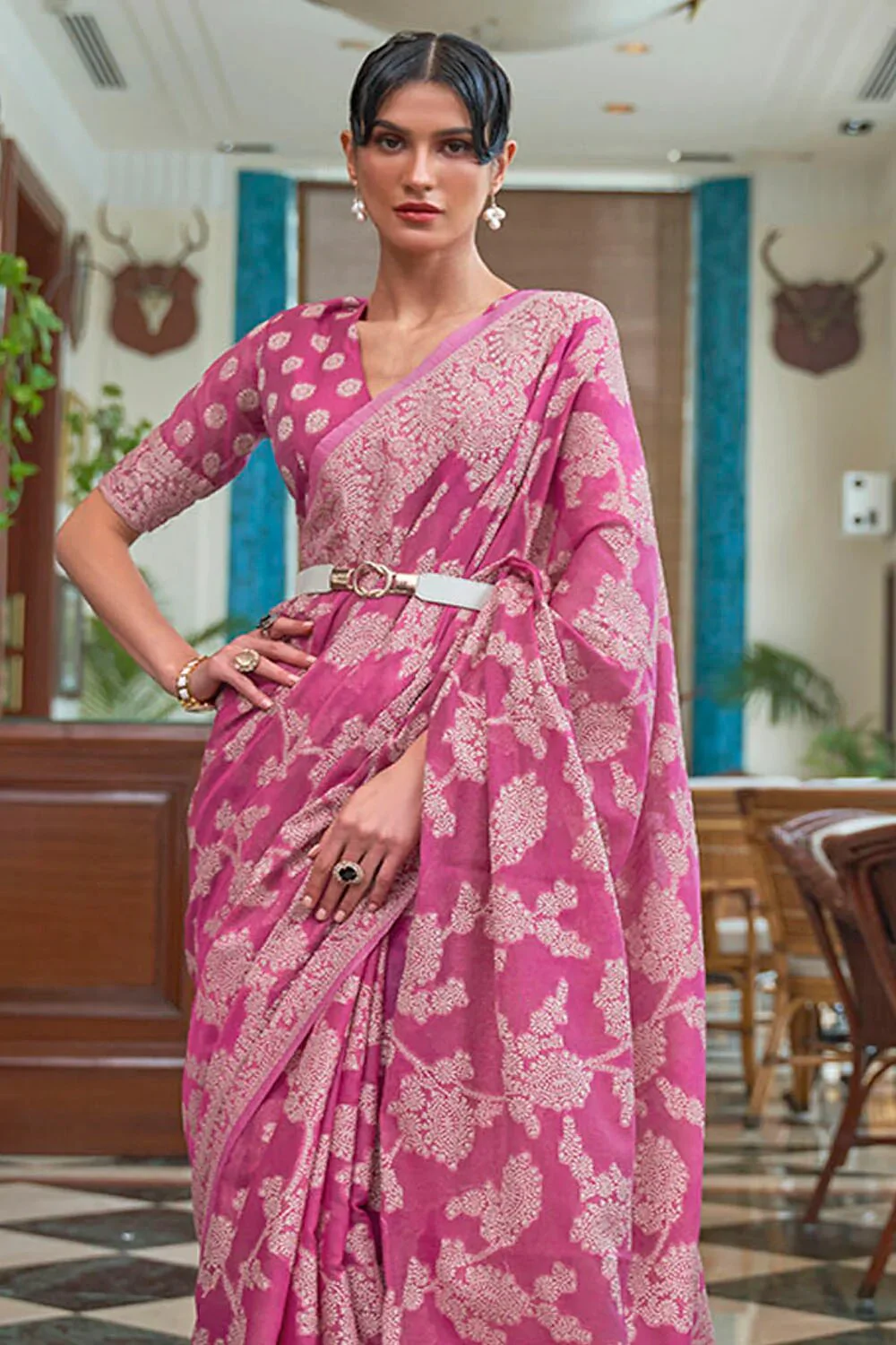 Flameboyant Pink Lucknowi work Silk Saree With Fancifull Blouse Piece - Image 3