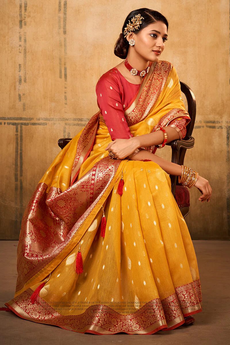 Flameboyant Yellow Soft Banarasi Silk Saree With Adoring Blouse Piece - Image 3