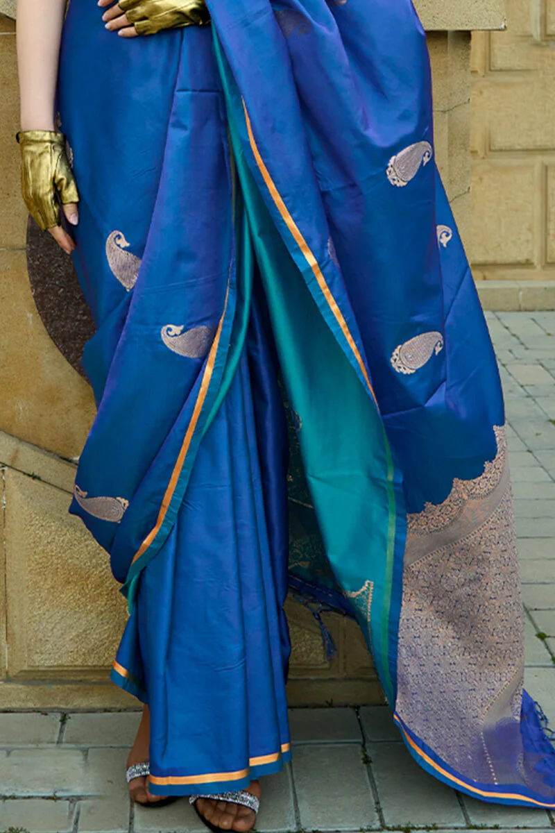 Flattering Blue Banarasi Satin Silk Saree With Adorning Blouse - Image 3