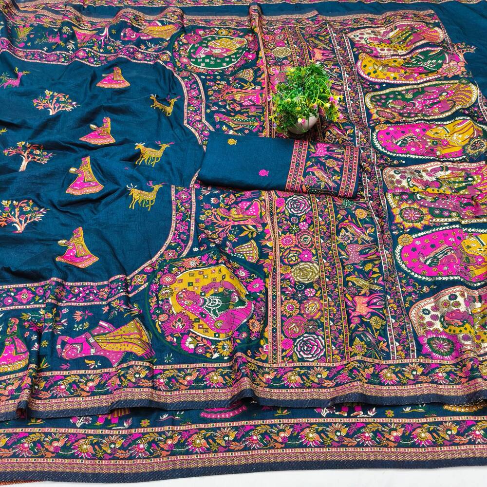 Flattering Blue Nylon Dola Pashmina Saree With Effulgent Blouse Piece - Image 4